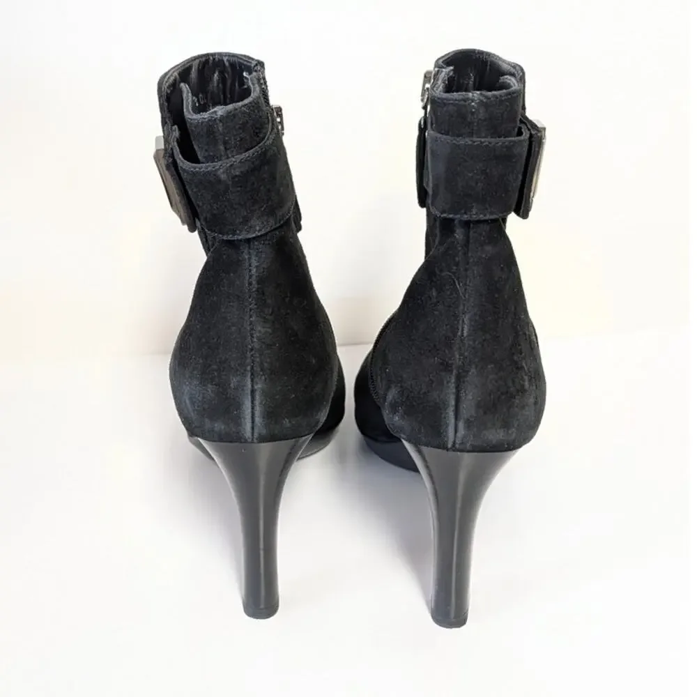 Aquatalia Suede Ankle Bootie Womens 9 Black Buckle Detail Stiletto Platform